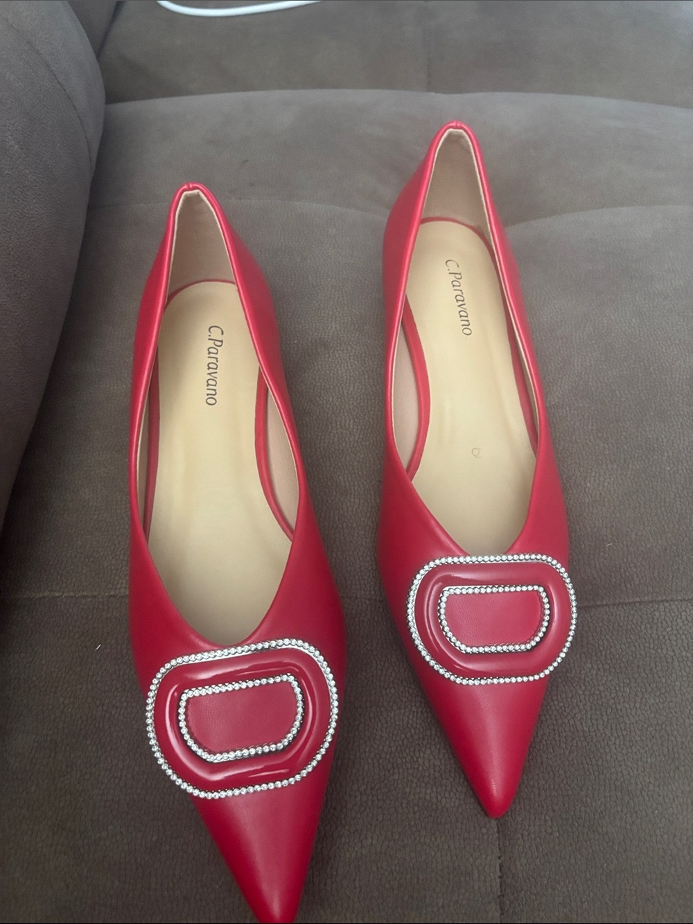 C. Paravano Red Pointed Leather Flats with Crystal Buckle